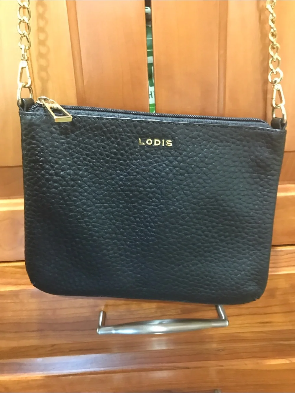 LODIS Black Pebbled Leather 2 Ways Chain Strap Zipper Clutch Crossbody Bag